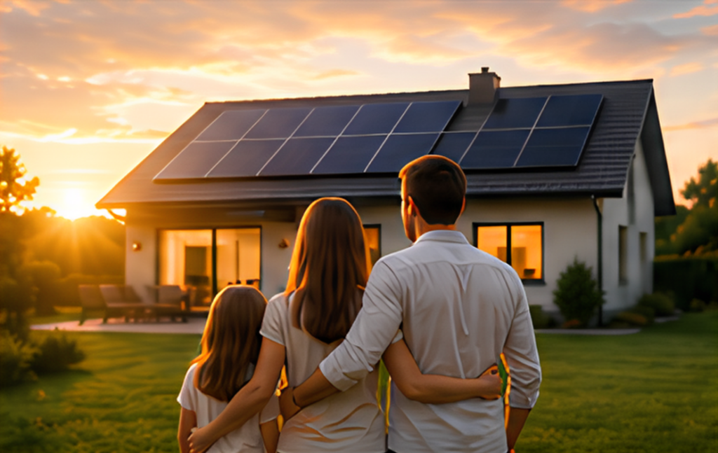Une famille observe sa maison équipée de panneaux solaires au coucher du soleil